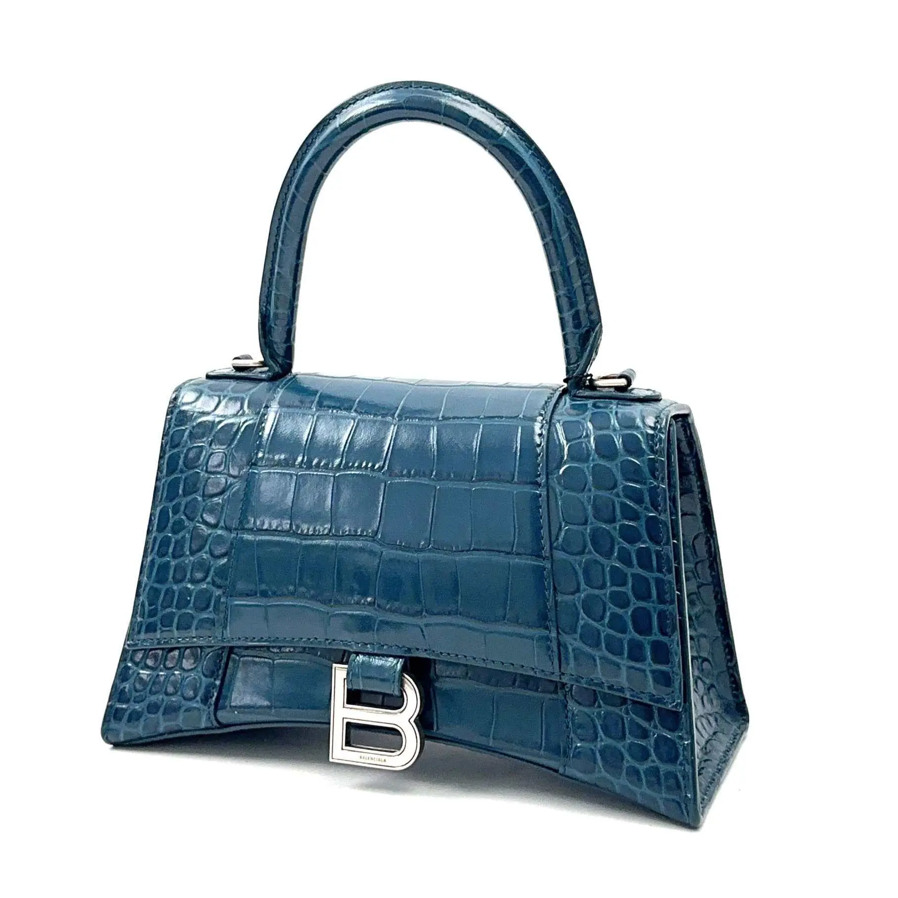 Pre-owned Balenciaga Leather Crossbody Bags Blue Croc Embossed Hourglass Small Top Handle Bag JZ0076 Yongzhen