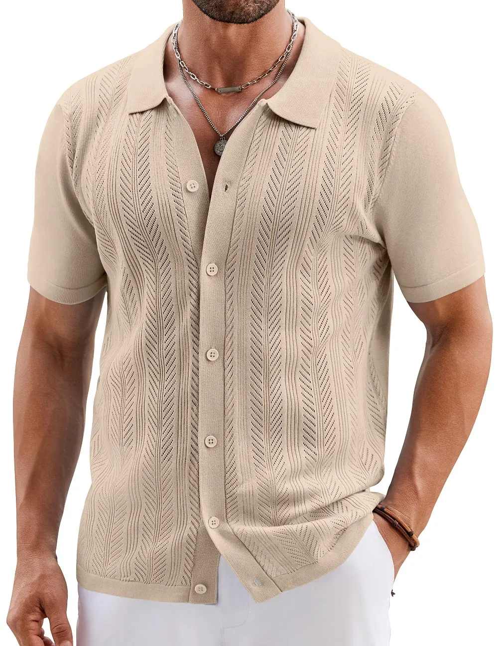 COOFANDY Mens Knit Button Down Shirts Short Sleeve Vintage Polo Shirt Casual Vacation Beach Shirts