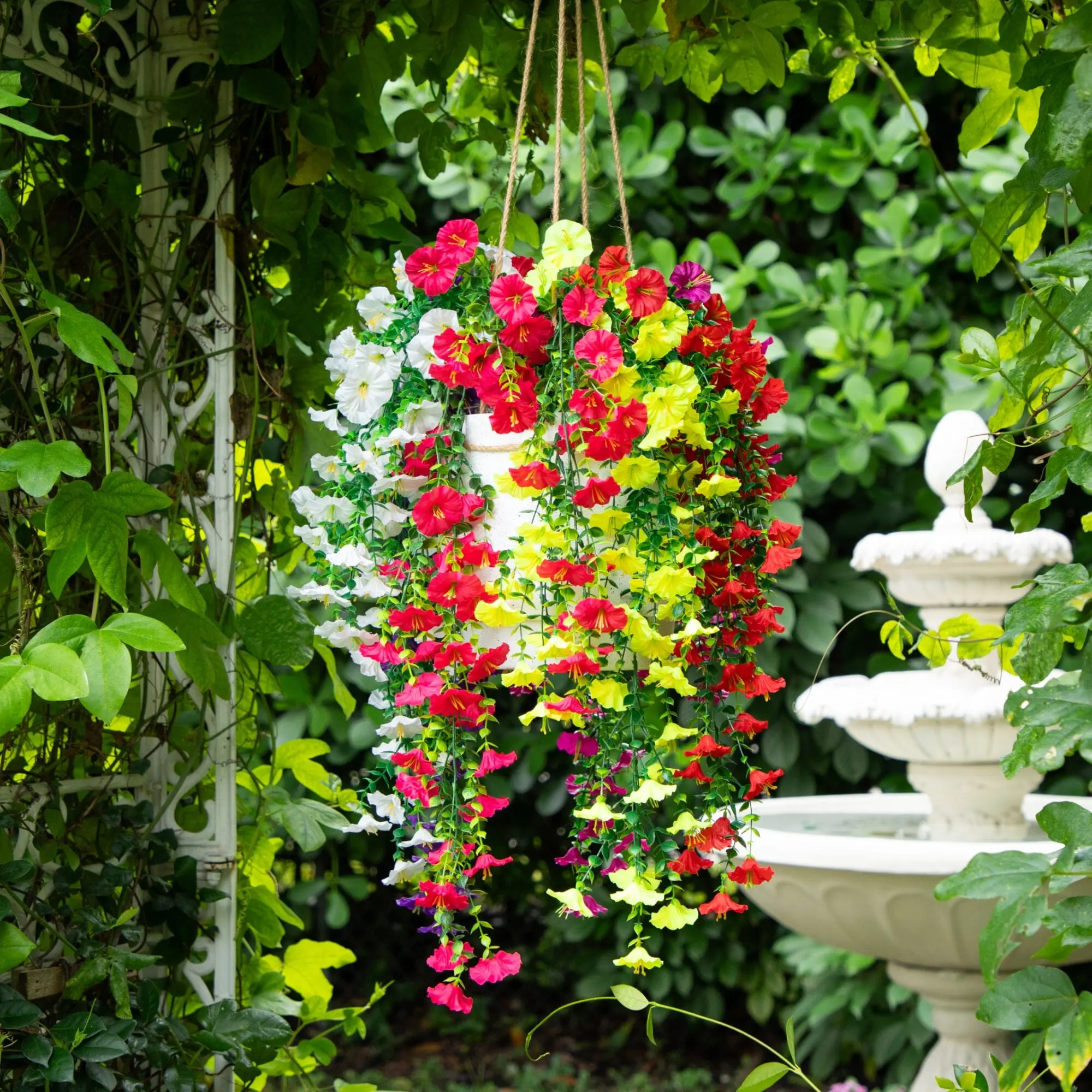 6-Pack 30-in Vibrant UV-Safe Blooms Cascading Artificial Morning Glory Hanging Plants - Decorative Plant Decor Set with Shape-to-Fluff Feature for Indoor/Outdoors Window, Floral Arrangement