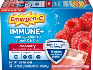 Immune Support Vitamin C Powder Drink Mix 1000mg with Vitamin D B Vitamins and Antioxidants, Triple Action Immune Booster for Energy and Daily Wellness, Raspberry Flavor Immune Support Supplement Drink Packets