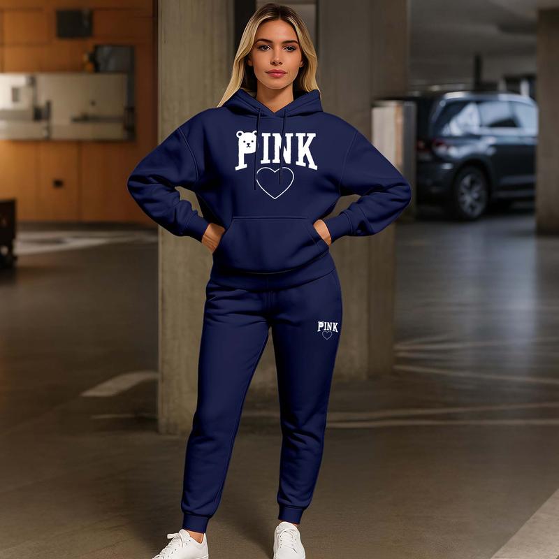 Women's Bear Pink Print Hoodie And Drawstring Track Pants Set, Casual Sportswear, Long-Sleeved Hooded Jacket And Pants, Suitable For Autumn And Winter, Everyday Wear, Indoor And Outdoor Sportswear, Casual Sportswear.