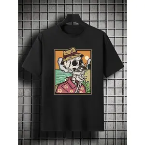 Plus Size Men's Short Sleeve Crew Neck T-shirt, Oversized Plain Color Skull Pattern Casual Clothing Best Sellers Gifts For Big And Tall Guys