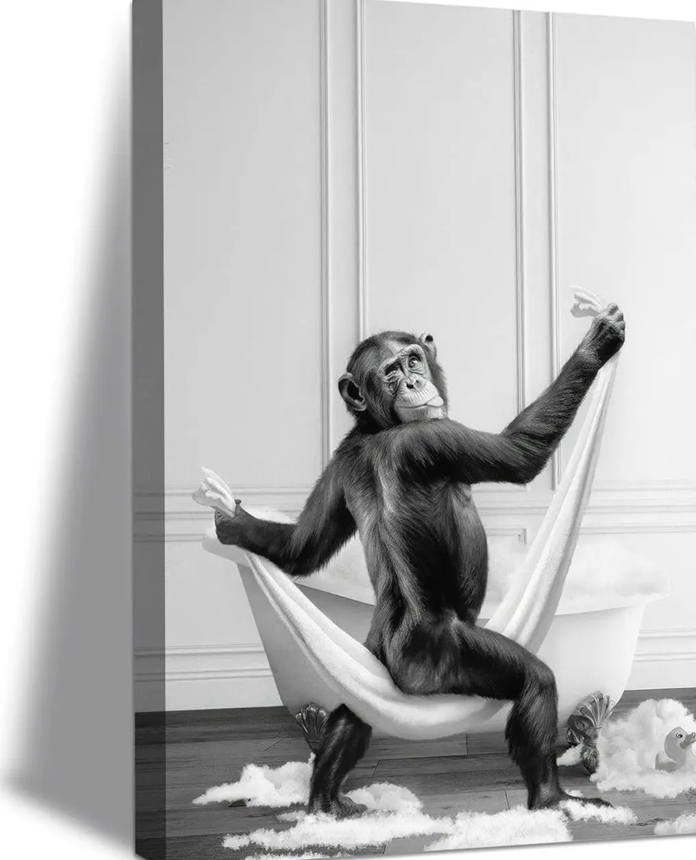 Funny Monkey Bathroom Canvas Wall Art Black And White Animal Paintings Pictures Wall Decor Monkey Bathing Poster Printing Artwork for Bedroom Bathroom Frameless Poster N