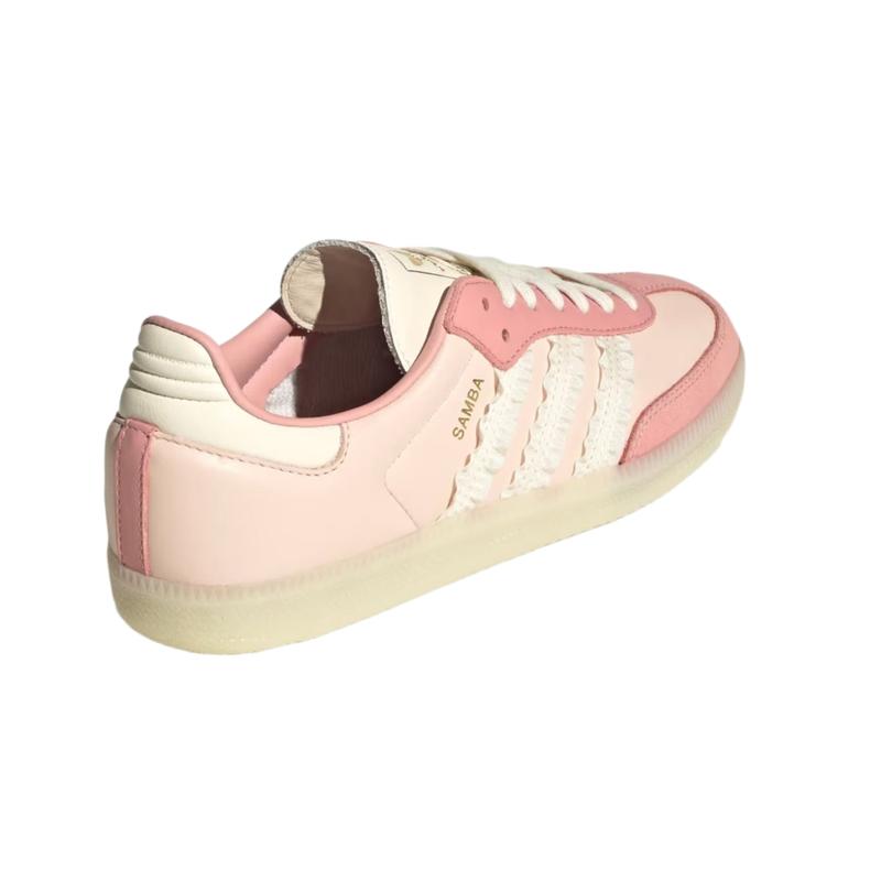 Adidas Samba Ruffle Stripes Pack Wonder Mauve Pink Women's Sneakers JR8830 Authentic Leather Upper Closed Fashion Ribbon Lace Athletic Shoes Metallic Gold