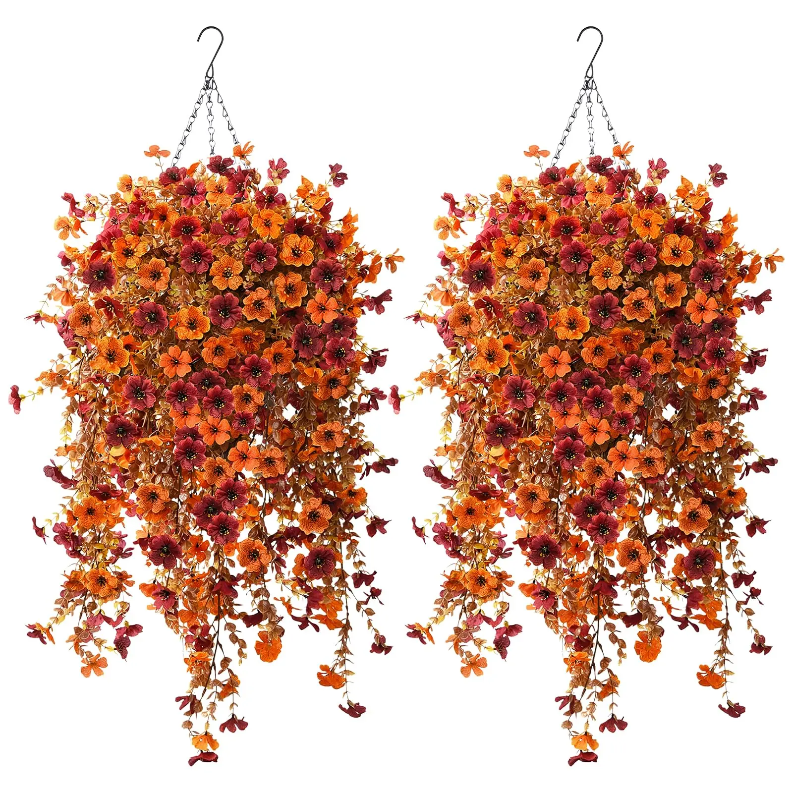 2-Set Decorative Artificial Fall Floral Arrangement with Hanging Baskets, Faux Silk Mums, 28 Fake Plants, Vines & Planters – Ornaments for Home Porch Garden Floral Decor