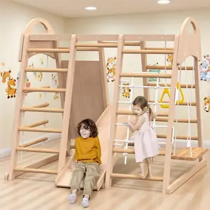 Indoor Playground, Wooden Indoor Jungle Gym for Kids, Toddler Climbing Toys with Stair Slide Swing Set Monkey Bars, Gym Equipment for Backyard, Outdoor Playset for Kids Aged 3-8 (9-in-1)