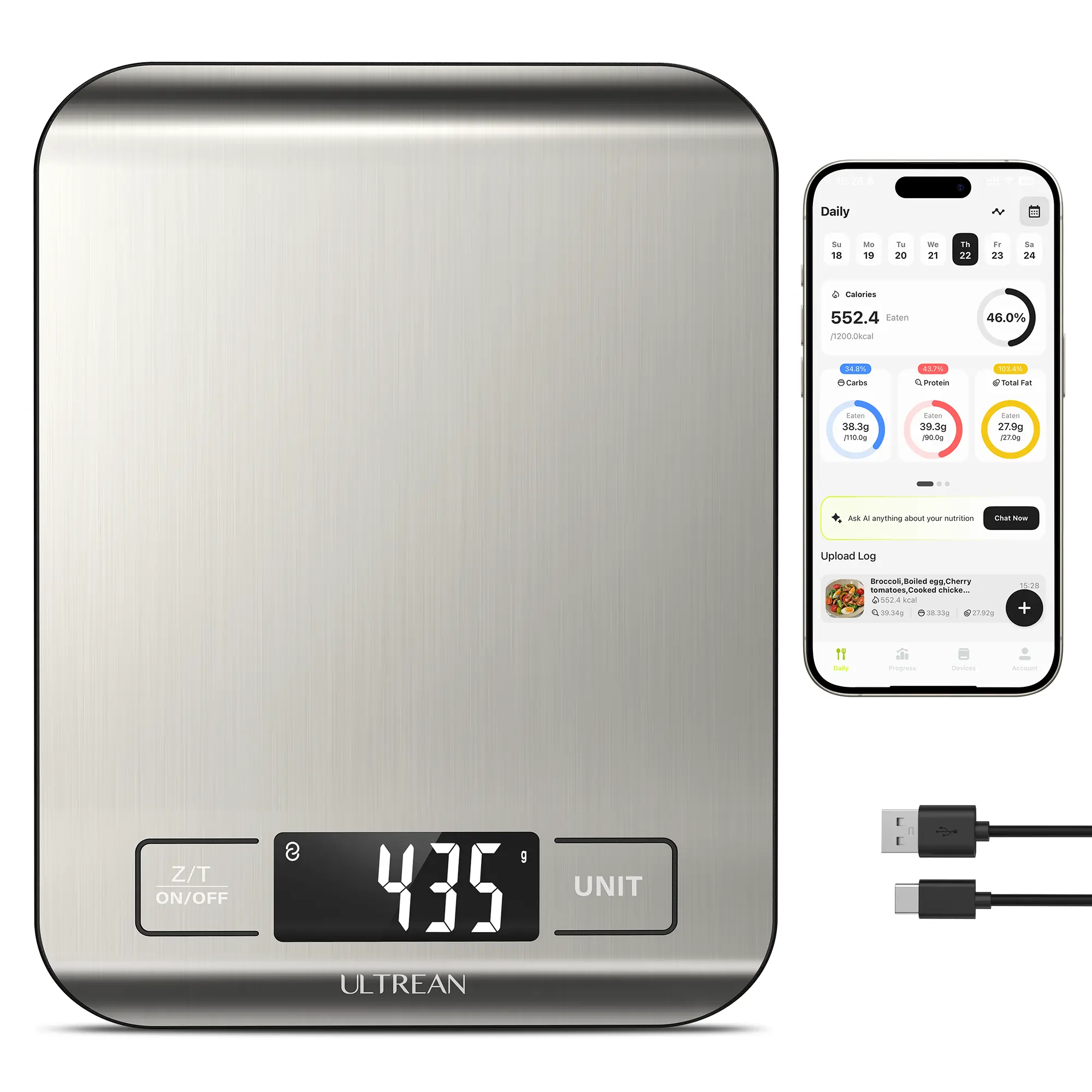 Ultrean Smart Food Scale - Digital Display, 33lb Portable Kitchen Weight Scale with Built-in Nutrition Calc for Macro Tracking & Accurate Portion Measurement, Multi-Function Food Tool