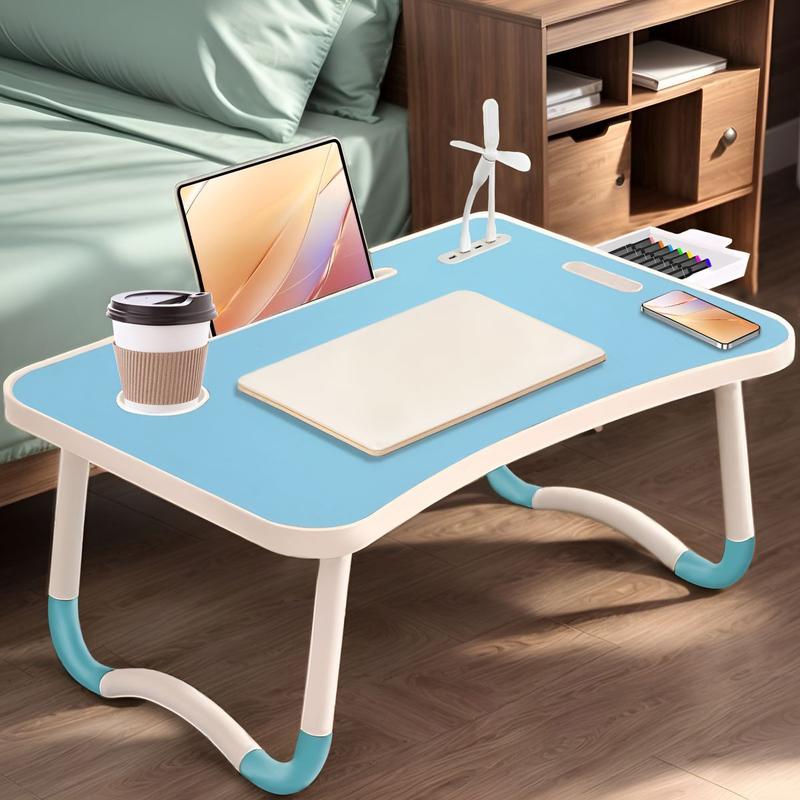 Oversized Portable Laptop Bed Table Foldable Durable Wooden Computer Tray with Cup Holder Drawer USB Fan Light Ideal for Reading Writing on Bed Sofa Floor Sleek Black Design Tiltable Tabletop Sturdy Modern Portable Table