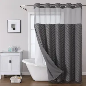No Hook Bohemian Gray Shower Curtain, with Fringe Bottom, Tufted Chevron Striped, Mesh Top Window, Modern Boho Bathroom Decor, Water-Resistant Fabric
