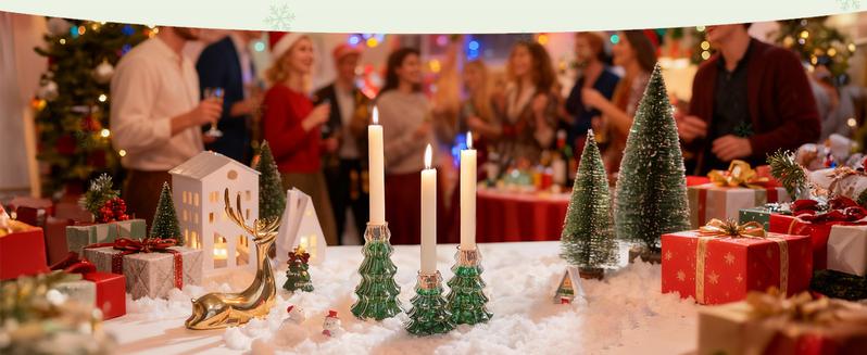 Christmas Taper Candle Holders: 3 Pcs Glass Christmas Tree Candlestick Holders with 9.8oz/ 280g Green Chunky Glitter Xmas Decorations Holiday DIY Gifts