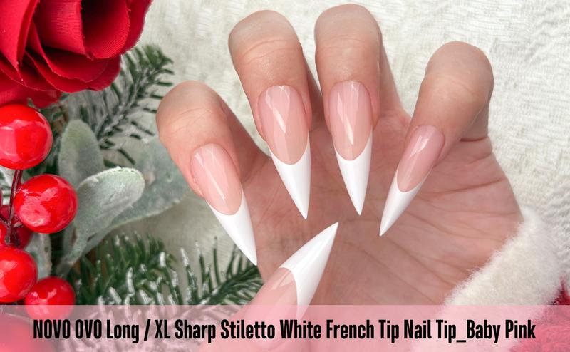 NOVO OVO White French Tip Long XL Sharp Stiletto Nail Tips Press on BERRY PINK,Soft Gel Double Matte Fake Nail Extension, Full Cover False Nails for Acrylic DIY x 16 Sizes 160 pcs【 NO GLUE TOP COAT AND LAMP INCLUDED】