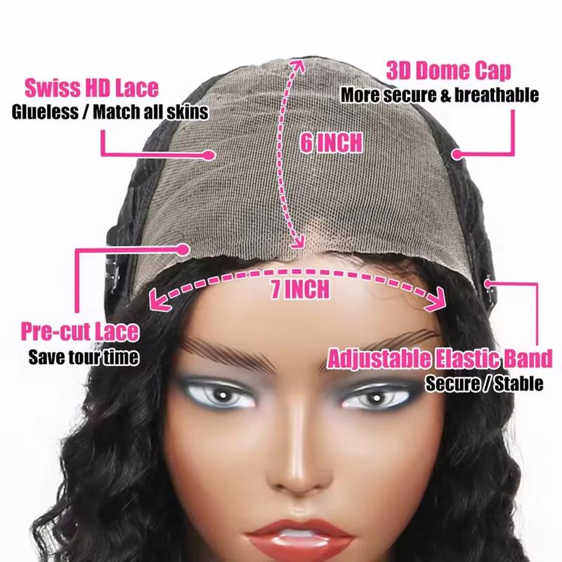 Mamushow 7x6 Glueless Water Wave Wigs 200% Density Human Hair With Drawstring Curly Wave Wigs Closure Wigs Pre Plucked Pre Cut Pre Bleached Wear and Go Wigs Outdoorfun Party Vacation Wigs