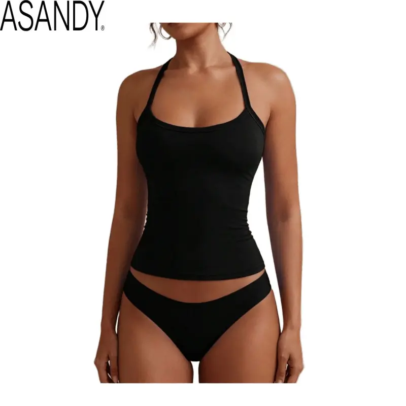 ASANDY Women's Halter Neck Tank Top, Fitted Solid Cami with Criss Cross Back, Opaque 4-Way Stretch Fabric for Yoga & Everyday Wear, Women's Clothes, Tops, Tank Tops, Workout Tops