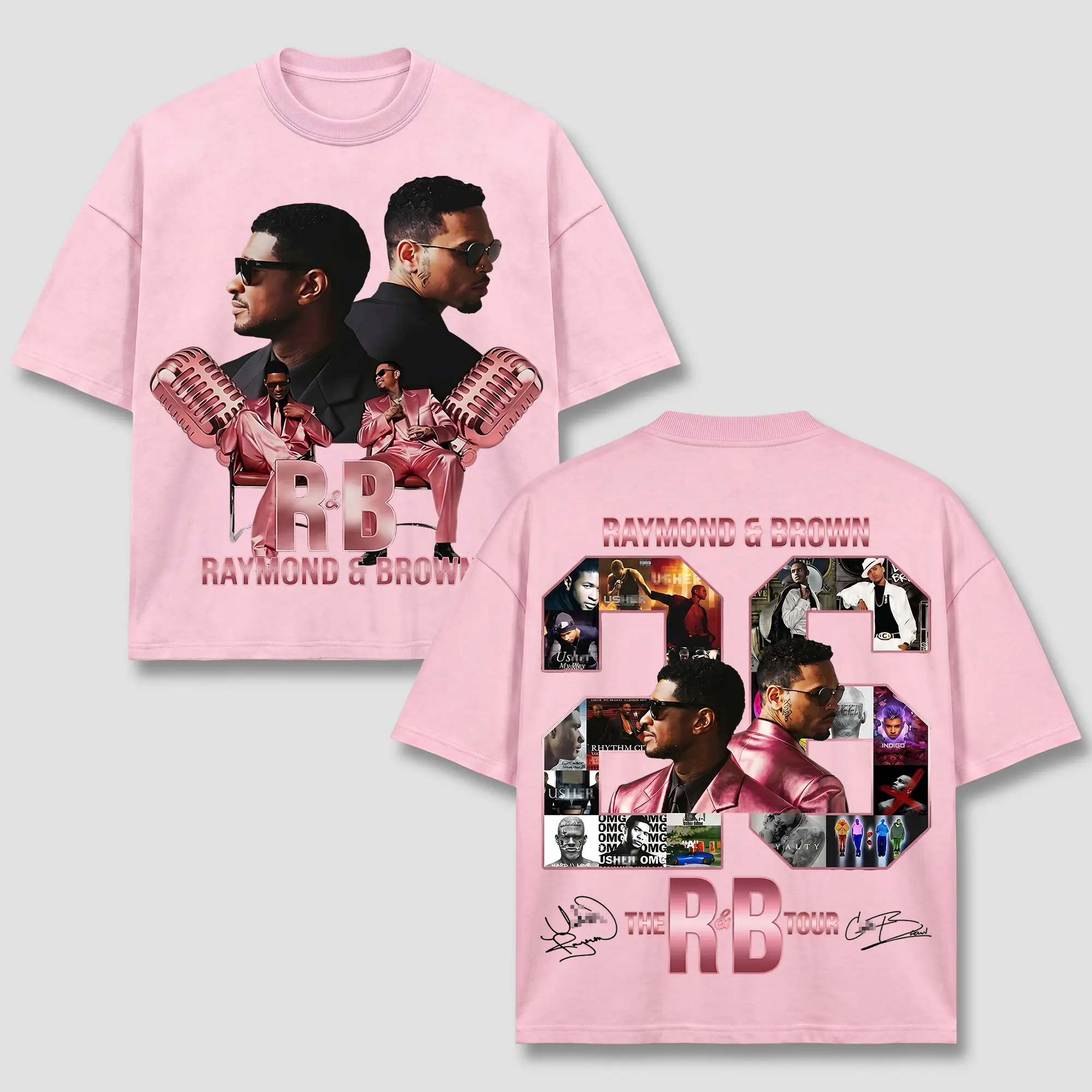 Brown Raymond T-Shirt Pink, "Breezy" Raymond & Brown Tee, The R&B Tour 2026 Clothing, Pink Metallic Microphone Top, Retro 90s Block Number 26 Merch, Vintage Acid Washed Apparel, Team Breezy Hip Hop Fan Gift, United States Unisex Oversized Black Wear