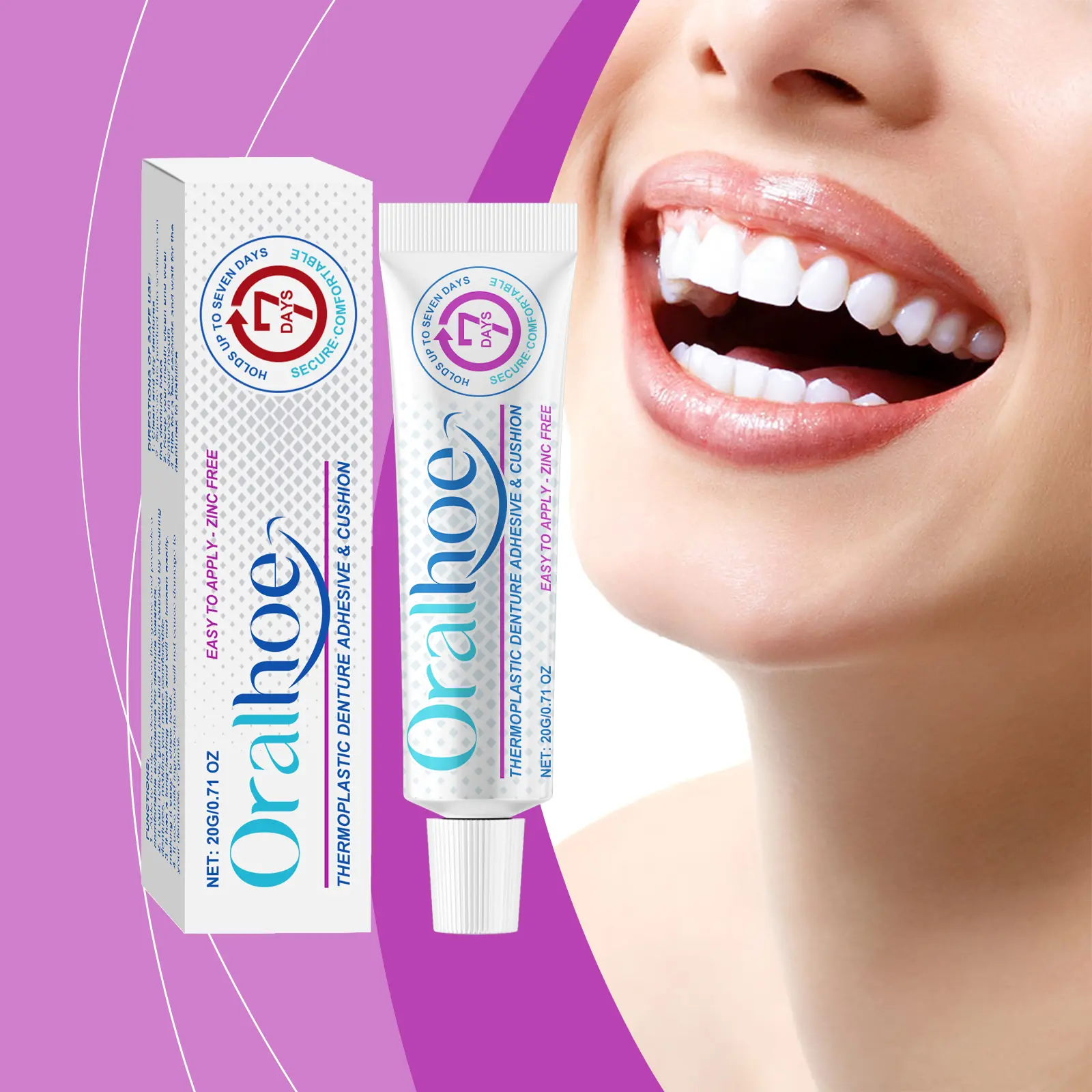 Denture adhesive — thermoplastic denture adhesive for securing dentures and improving comfort.
