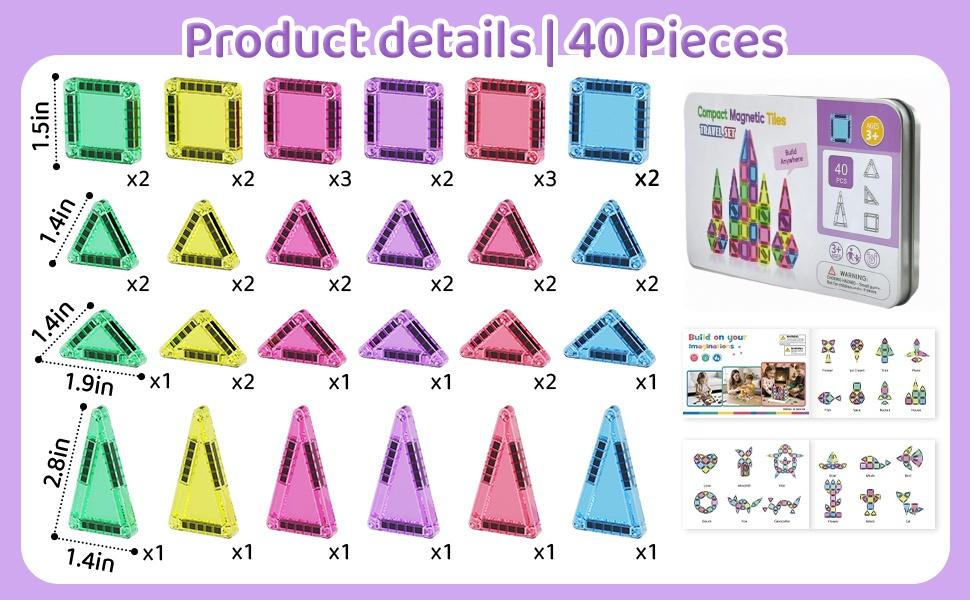 Hotfree Mini Magnetic Tiles Building Blocks 40PCS - Montessori Educational Magnet Travel Construction Set with Iron Storage Box, Airplane Activities Toys, STEM Toddler Birthday Christmas Gift for Boys & Girls Ages 3-8, Easter Basket Stuffers