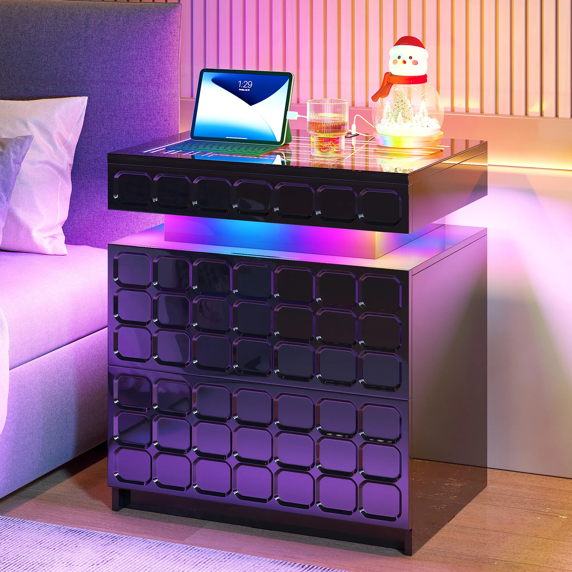 Lvifur Modern RGB Black Glass Top Smart Nightstand - Single Unit Indoor Furniture Side Table with 2 Drawers, Lockable Compartment, Human Body Sensor Light, Charging Function, Grid Pattern for Bedroom Bedside Room Decor