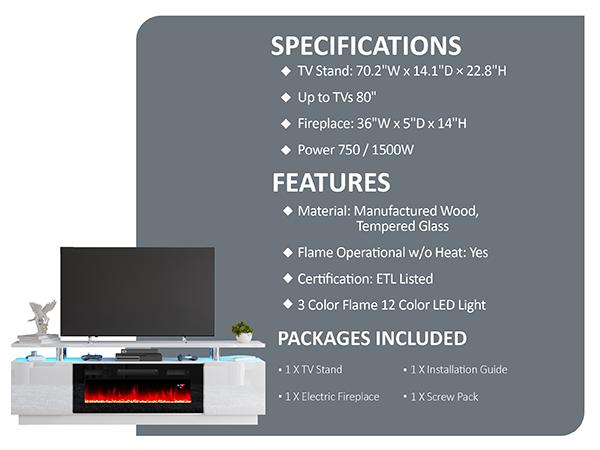 [Ships in 2 Boxes] VanAcc Fireplace TV Stand with Electric Fireplace, Modern High Gloss Entertainment Center with LED Lights, 2 Tier Console Cabinet for Living Room, Bedroom, Office, Remote Control, Multi-color available