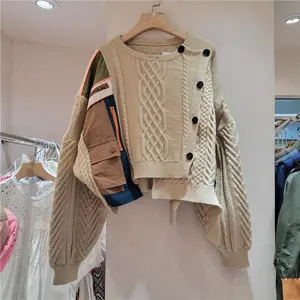 2025 Autumn/Winter New Irregular Color blocked Knitted Sweater Multi button Women's Coat