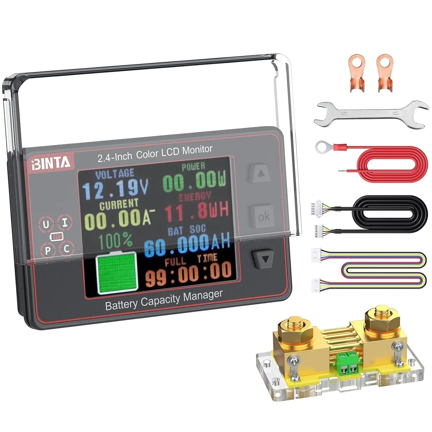 BINTA 500A Battery Monitor Shunt 8-100V 2.4 Inch Color Screen for Lifepo4 Lithium Sealed Gel Flooded Batteries, Backlight Waterproof Battery Monitor with Sliding Cover for Car RV Golf Cart Solar Panel