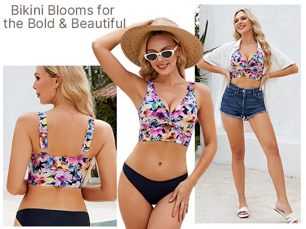 GRAPENT Floral Printed Bikini Tops for Women Cropped Tankini Padded Knot Twist Cut Out Beach Swim Top Only Summer Swimsuits