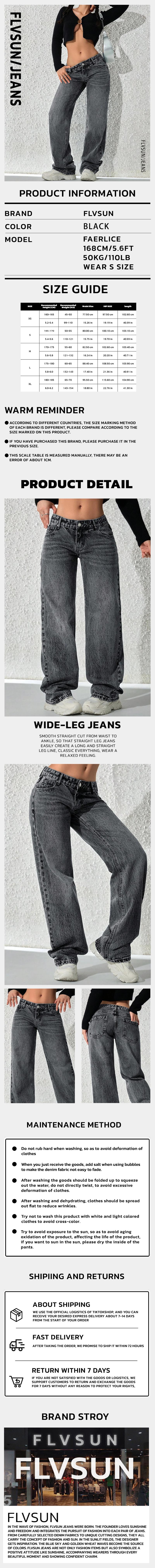 Flvsun-Wide Leg Baggy Jeans for Women–Y2K Low Rise Denim jeans, Button Closure & Belt Loose Fit,baggy Fit Jean  Basic  Minimalist Bottoms