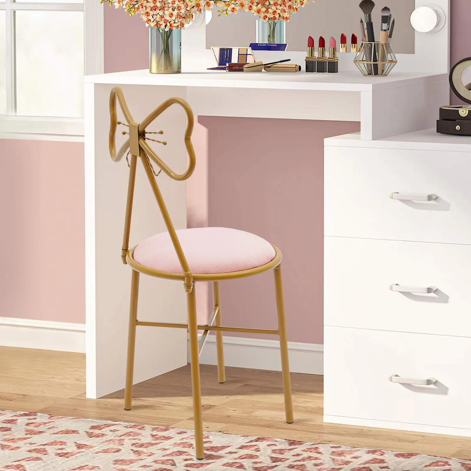 Blush Pink Upholstered Fabric Vanity Chair with Butterfly Backrest, 100kg High Load Capacity Iron Frame, Modern Nursery Chair for Living Room, Bedroom