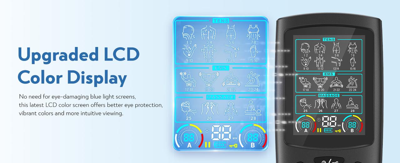 TENS & EMS Muscle Stimulator with 28 Modes, Dual Channel Muscle Stimulator Machine with 8PCS Electrode Pads, for Muscle Relief, Shoulder, Neck, Back, New Upgraded Color Screen