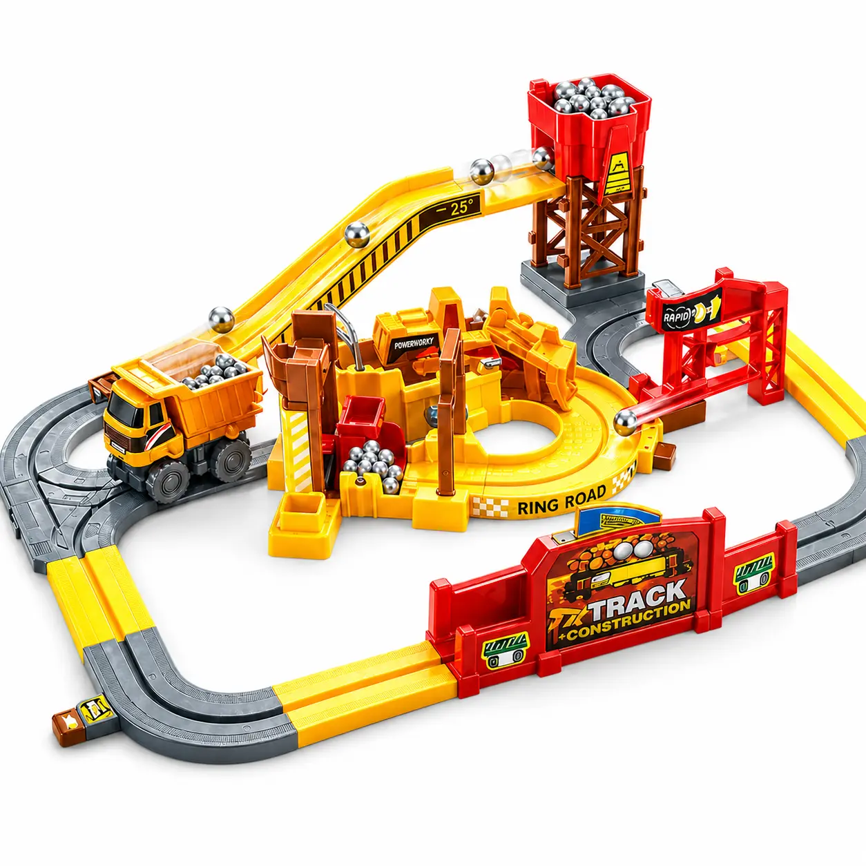 Construction Track Set for Kids, Engineering Truck Track Toy with Dump Truck, Crane, Rock Loading Station, Conveyor Ramp & Construction Site Playset for Boys Girls