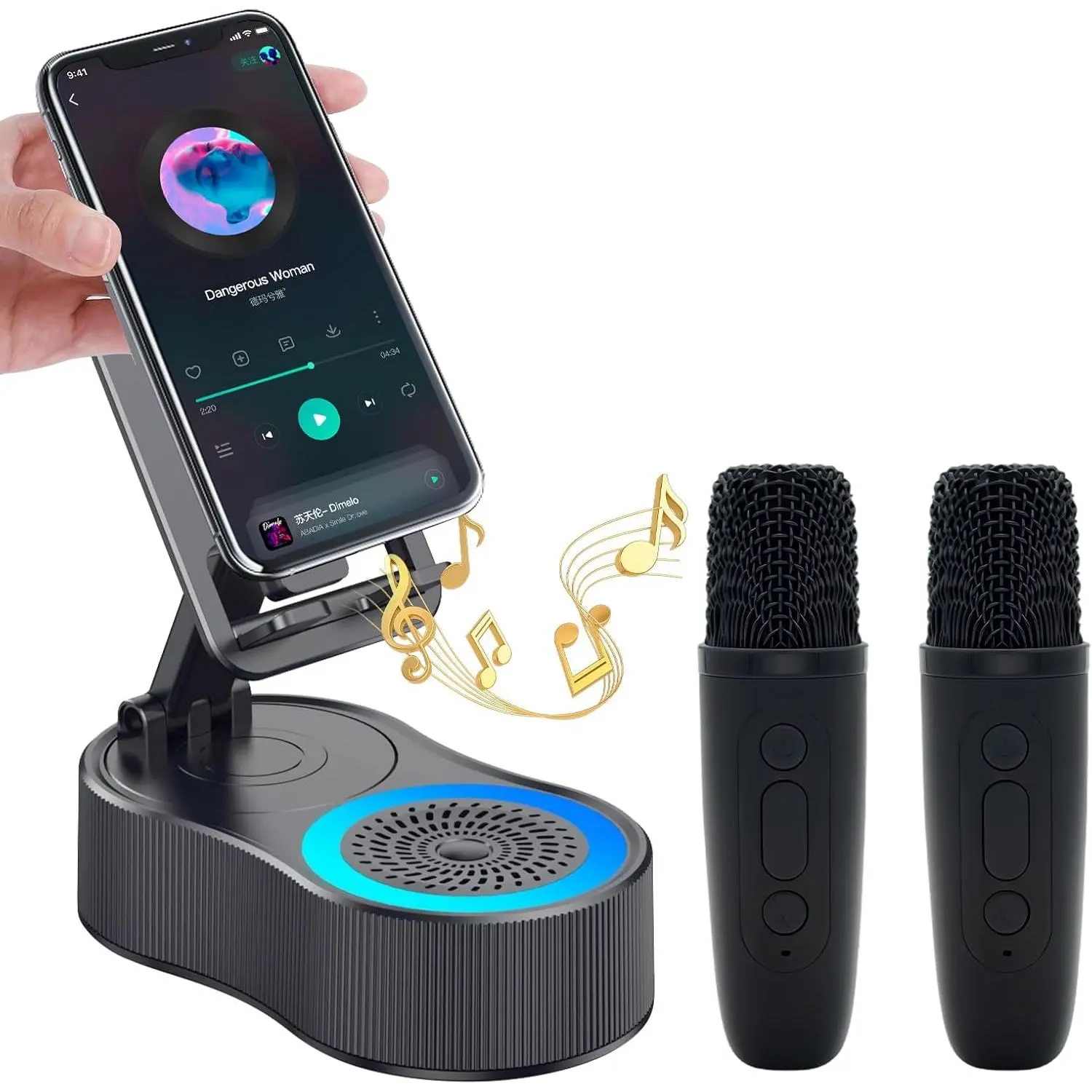 Multifunctional Portable Bluetooth Speaker with 2 Wireless Microphones, 360 °   Rotatable Foldable Base, Tabletop Stand for Smartphone/Tablet, Colorful Ambient Light, HD Surround Sound, USB Compatible for iPhone Android (Black),summervibes