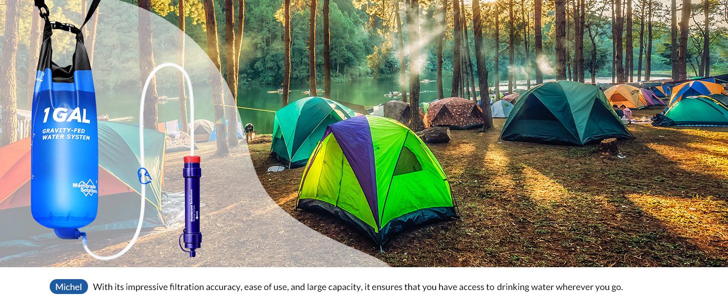 Membrane Solutions 1 Gallon Gravity Water Filter 0.1-Micron with Adjustable Tree Strap Storage Bag,Survival Gear Camping Emergency Preparedness