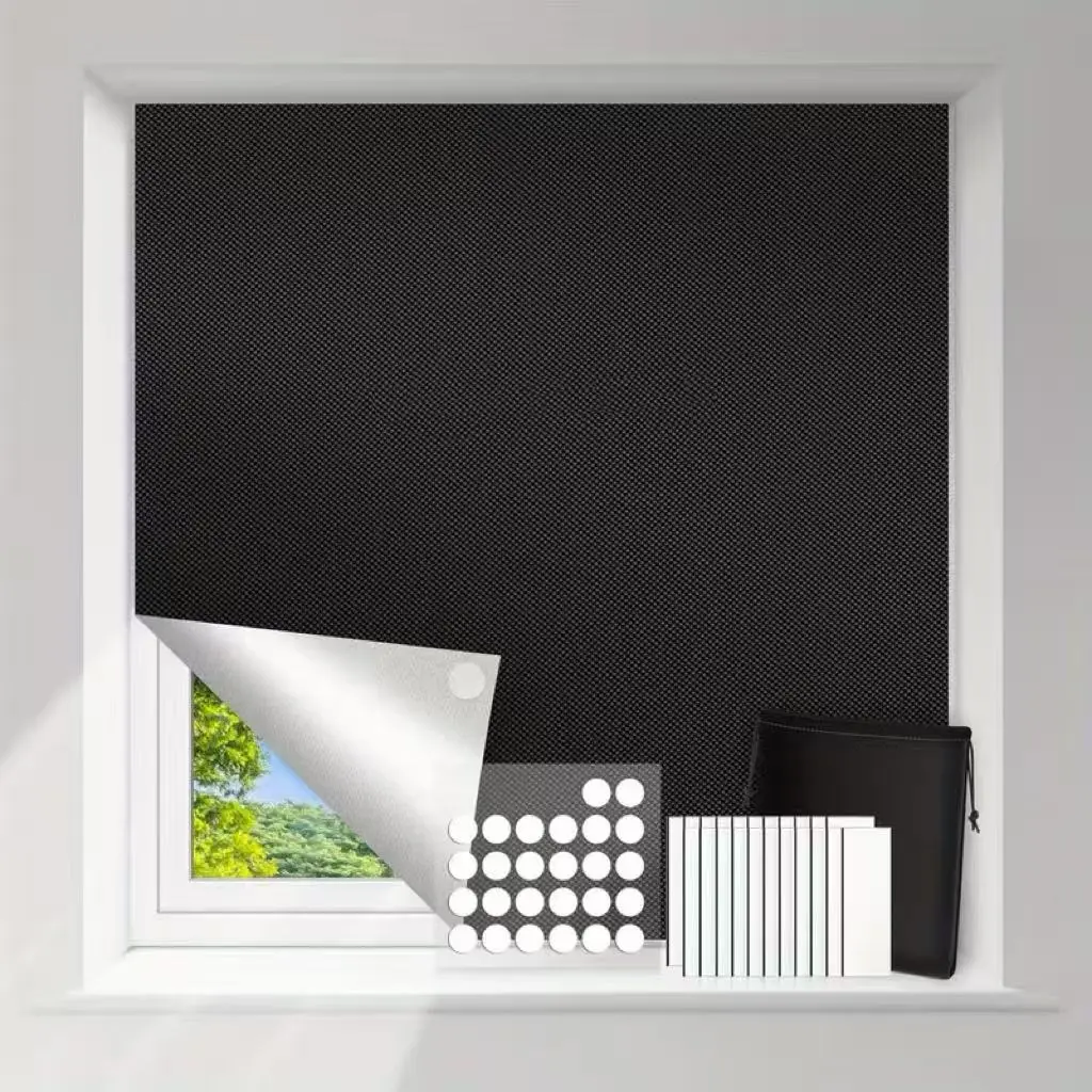 No-Drill Blackout Privacy Curtains with Adhesive Tabs - Wrinkle-Resistant, Stain-Resistant, Cuttable, Portable Temporary Window Shades for Bedroom, Nursery, 118" x 57" Blackout Light Blocker Temporary Cover