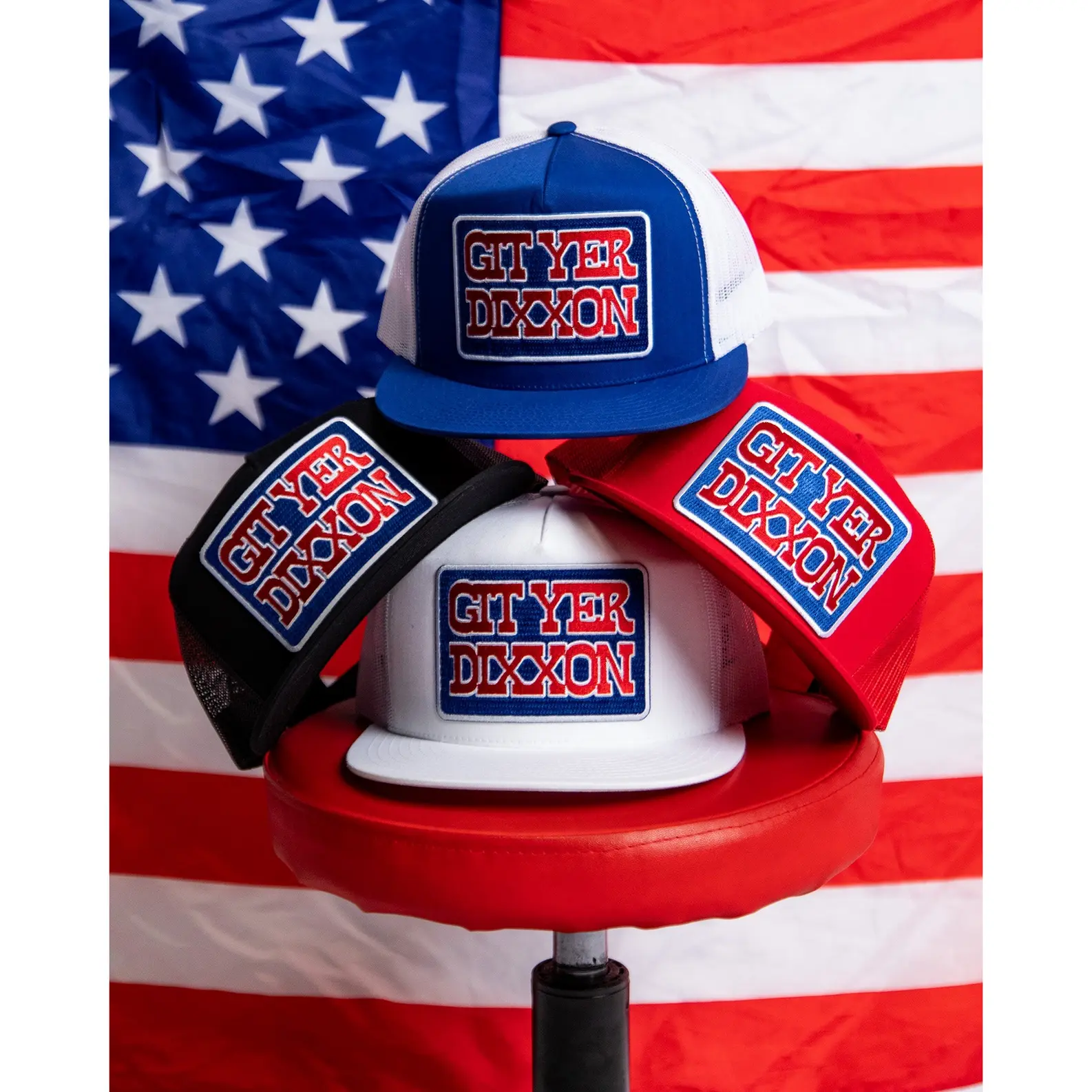 Git Yer Dixxon Flat Bill Trucker Snapback - Red, White, & Blue