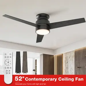 Warmiplanet Flush Mount Ceiling Fan with lights and remote contorl,52-Inch,Black,3 Color Dimmable LED Light,Reversible Silent DC Motor,multi-functional,6 Speeds,3 Wooden Blades Suitable For Bedroom, Living Room, Office, Kitchen, Dining Room, Balcony