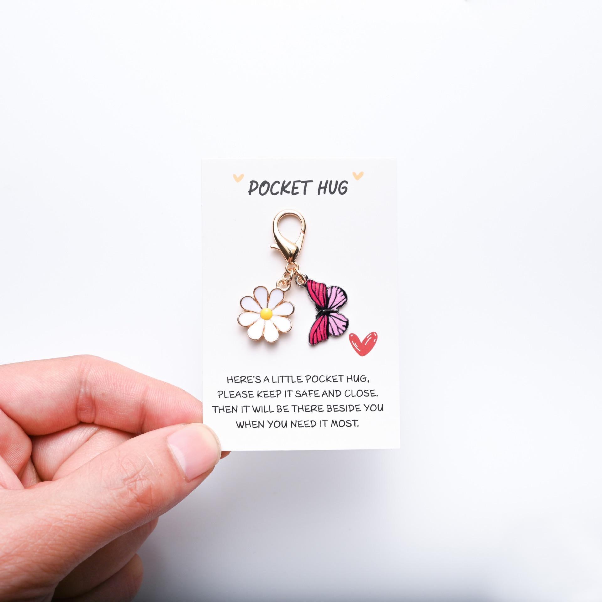 Set of 10  Pocket Hug Favors -Employee Appreciation Gifts Bulk for Coworkers with Exquisite keyring Pun NoteCards Quality Resin Butterfly Ladybird Flower Bee ,FavorsDurable Card-MM