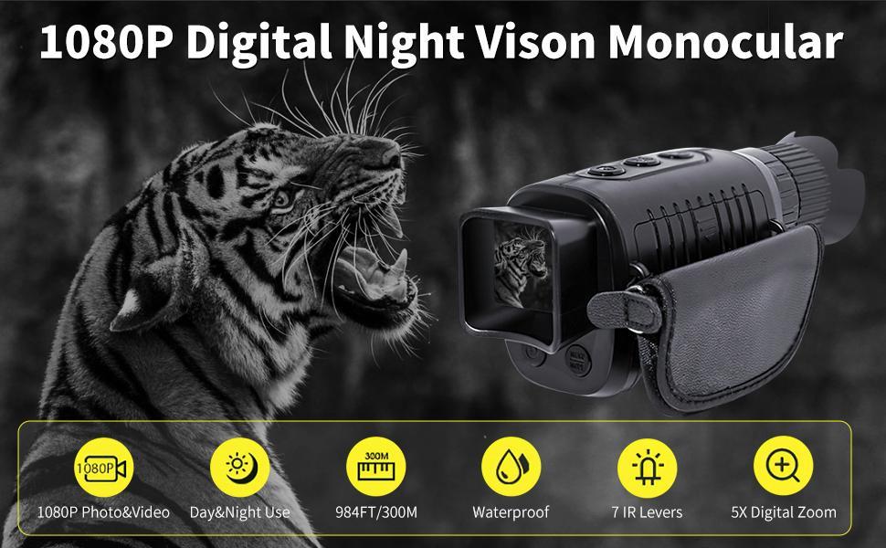 Digital Night Vision Monocular 1080p with IR LED, Handheld Night Goggles for Hunting and Outdoor Use