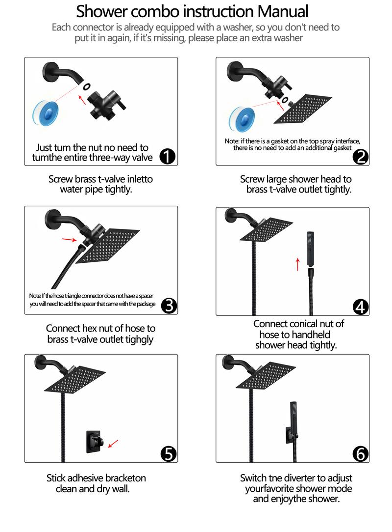 6/8"High Pressure Square RainShower Head and 2-in-1 HandShower.Equipped with 78"Hose, 3Way Diverter Valve,Adhesive ShowerHead Holder 6/8"High Pressure Square RainShower Head and 2-in-1 HandShower.Equipped with 78"Hose, 3Way Diverter Valve,Adhesive ShowerHead Holder