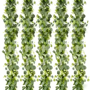 5 pieces of artificial eucalyptus vine garlands, featuring white flowers and silver eucalyptus leaves, perfect for decorating dining tables, wedding arches, mantels, and rooms.