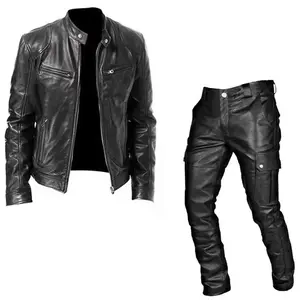 Autumn and winter men's suit, leather jacket, leather pants two-piece set, casual wear, mid pieceGift