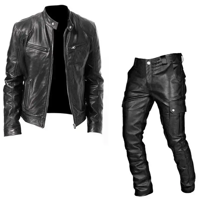 Autumn and winter men's suit, leather jacket, leather pants two-piece set, casual wear, mid pieceGift