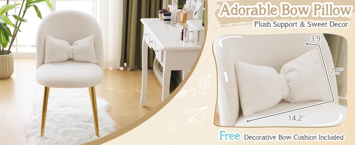 VINGLI Boucle Girls Vanity Chair with Back & Pillow,Cute Small Cozy Desk Chair No Wheels,Comfy Makeup Ch with Ajustable Gold Legs,for Bedroom,Living Room,Small Space