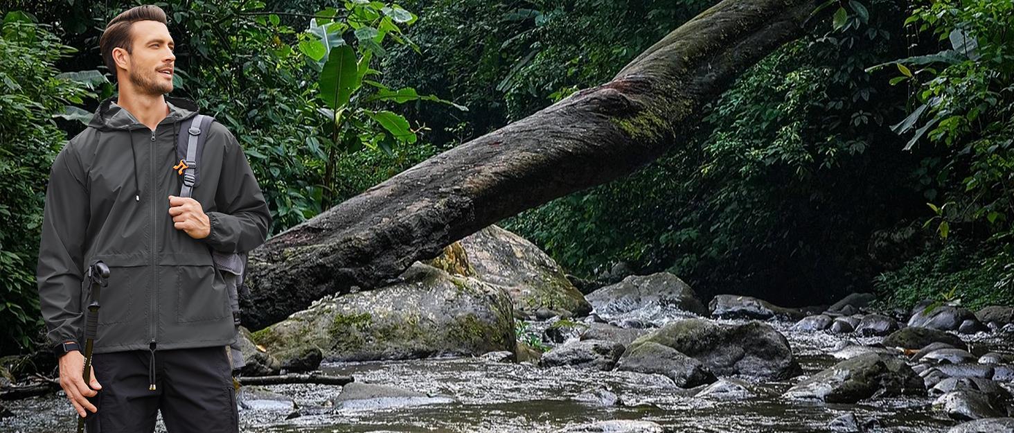 Men's Packable B Rain Jacket  Outdoor Waterproof Hooded Lightweight Classic Cycling Raincoat - For Hiking/Outdoor/Camping Fabric Menswear Zipper Breathable  Relaxed Fit Long Sleeve Tops