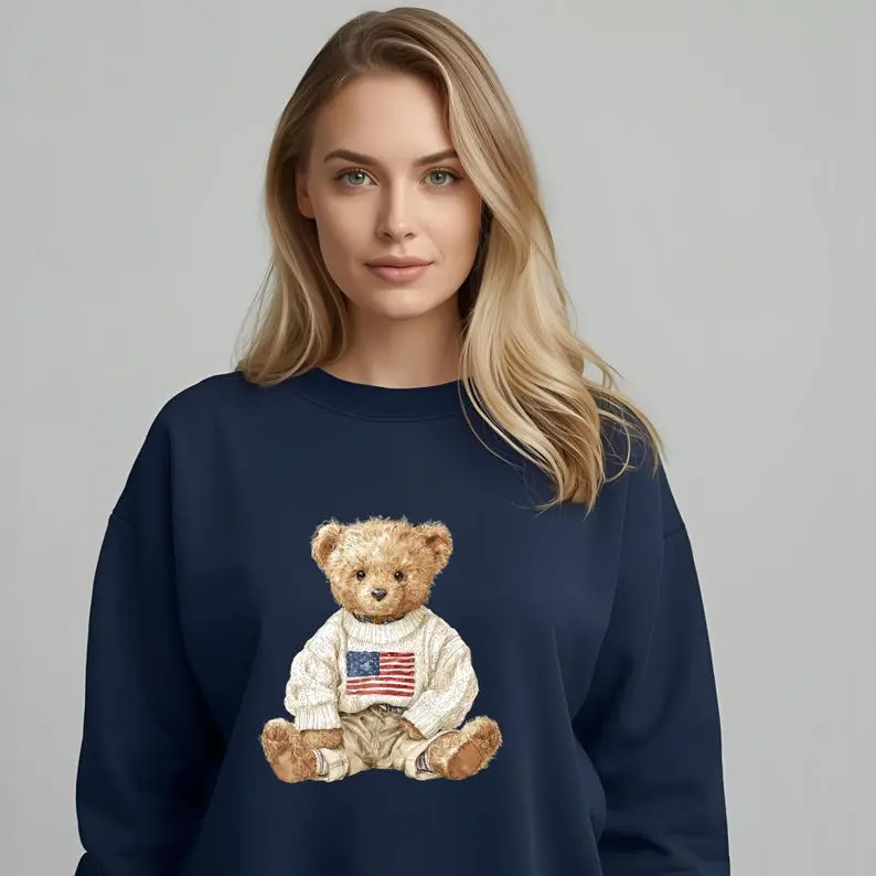 Cozy Teddy Bear Flag Sweatshirt Unisex Fall Holiday Gift Cotton( Casual Long Sleeve Batwing miss a store marine ball attire Distressed Unisex Ice T-Shirt sweatshirt bubble)