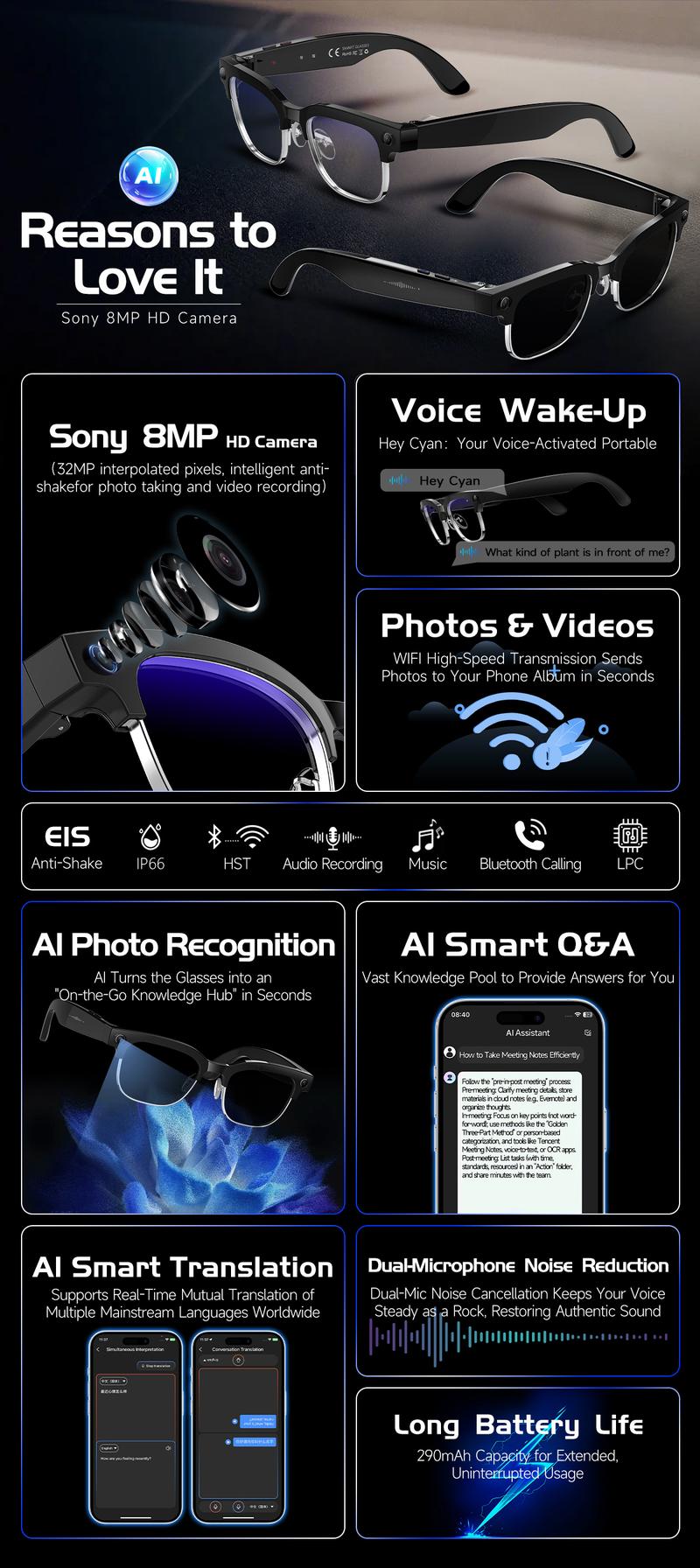 Smart AI Camera Glasses with 8MP Photochromic Lenses ,Button Touch Adjustment for Travel Outdoor Adventures Hands-Free Photography 160+Languages Real-Time Translation Bluetooth Wireless Wearable Video Recording UV Protection ,Valentine's Day gifts Smart AI Camera Glasses with 8MP Photochromic Lenses ,Button Touch Adjustment for Travel Outdoor Adventures Hands-Free Photography 160+Languages Real-Time Translation Bluetooth Wireless Wearable Video Recording UV Protection ,Valentine's Day gifts