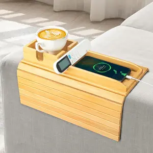 Bamboo Couch Armrest Table, Couch Arm Tray with Removable Couch Cup Holder, 2 in 1 Design Foldable Anti-Slip Bamboo Couch Tray and Sofa Cup Holder for Cup