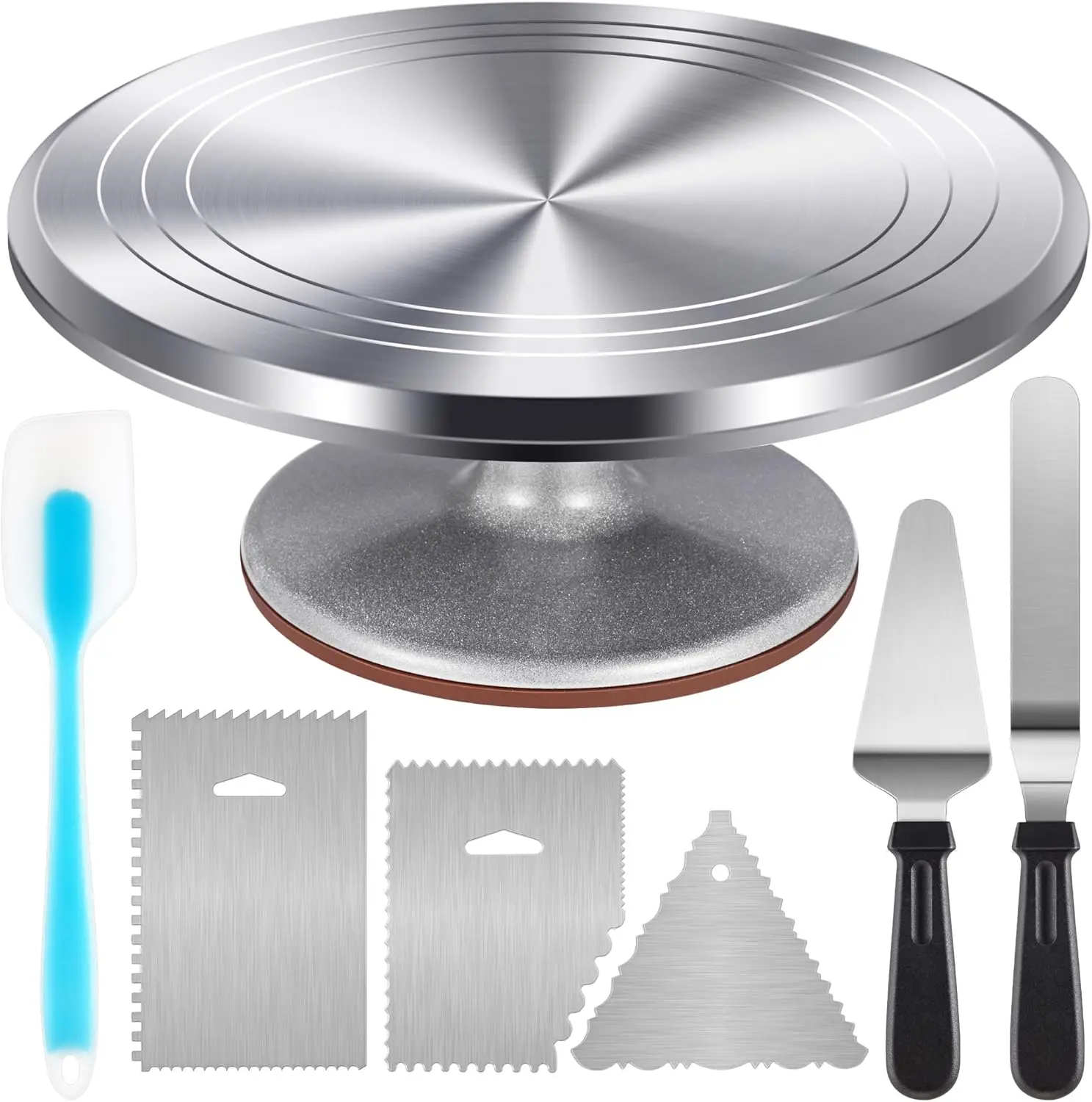 1Set Aluminium Cake Turntable Set, Baking Tools with Revolving 12" Cake Stand for Decorating, 12.7" Offset Spatula, 3 Stainless Steel Frosting Icing Smoother, Cake Serve Cake Decorating Kit Supplies