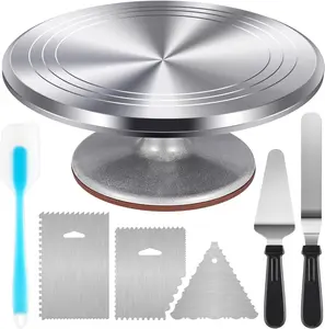 1Set Aluminium Cake Turntable Set, Baking Tools with Revolving 12" Cake Stand for Decorating, 12.7" Offset Spatula, 3 Stainless Steel Frosting Icing Smoother, Cake Serve Cake Decorating Kit Supplies