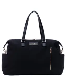 White Elm Darci Weekender Duffel - Black Vegan Leather & Nylon Travel Bag with Shoe Compartment & Laptop Pocket for 3-5 Day Trips