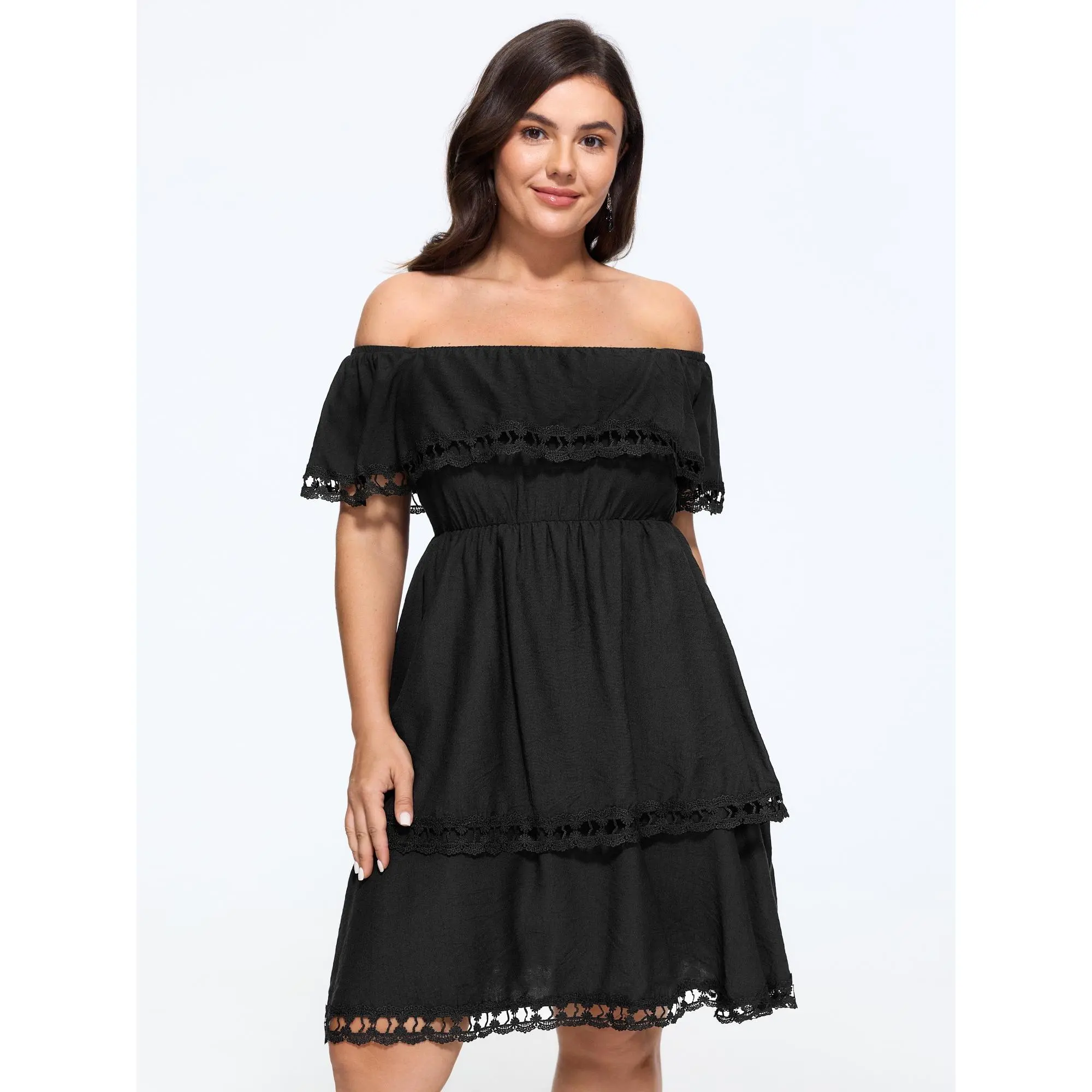 BLOOMCHIC Women's Plus Size Off-Shoulder Ruffle Layered Lace Trim Mini Dress [M-6X], Curvy Plus Size Black Summer Casual Finds, Mini Dresses, Curvy Dresses Plus Size