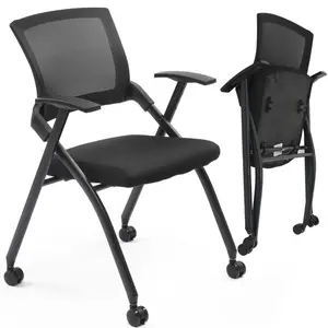 1 Pack Stackable Conference Room Chairs with Wheels, Folding Office Chair with Rebound Back, Padded Seat for Training Room, Guest, Reception, Event, Capacity 350lbs, Black